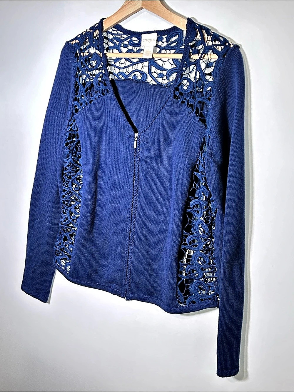 Chico's Long Sleeve Navy Blue Crochet Lace Full Zip Cardigan, Medium